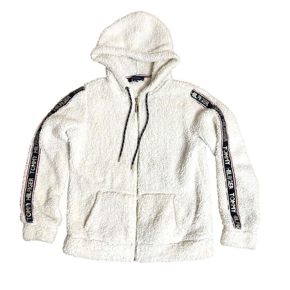 Tommy Hilfiger Women's White Sherpa Fleece Zip Hoodie Jacket Size S